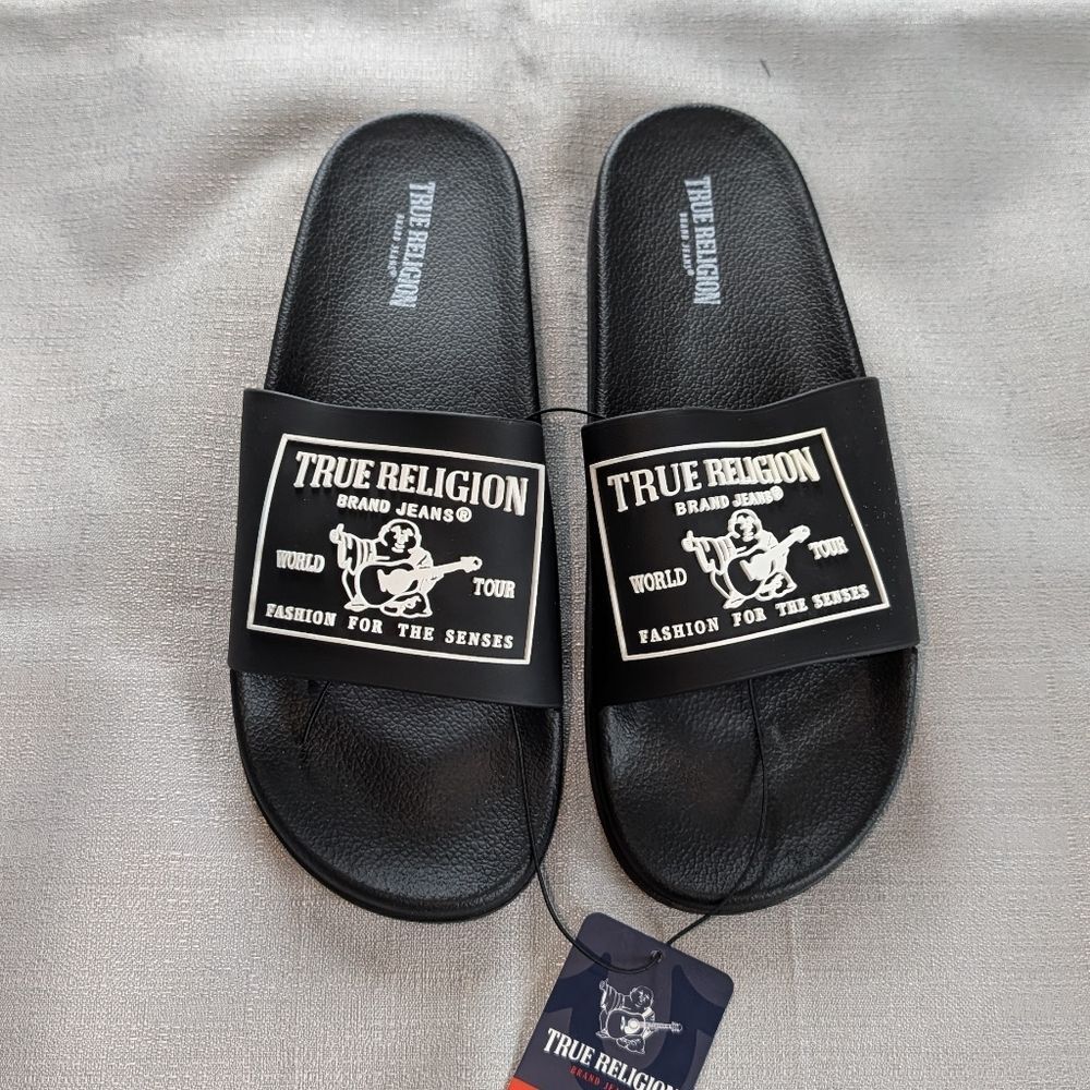True Religion Kendrick Logo Black Slides Men's Size 11 NEW!